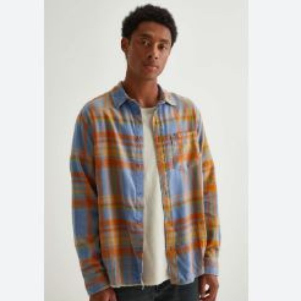 BDG Blue Vintage Wash Flannel Shirt in Blue/Orange- Mens M - NWOT